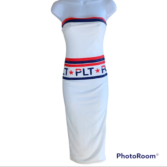 Pretty Little Thing White Graphic Bandeau Bodycon Dress - Picture 6 of 12